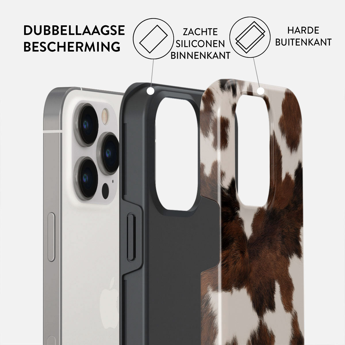 Telefoonhoeslagen: telefoon, zwart siliconen en koeienprint. Labels: dubbellaagse bescherming, zacht siliconen binnenkant, harde buitenkant.