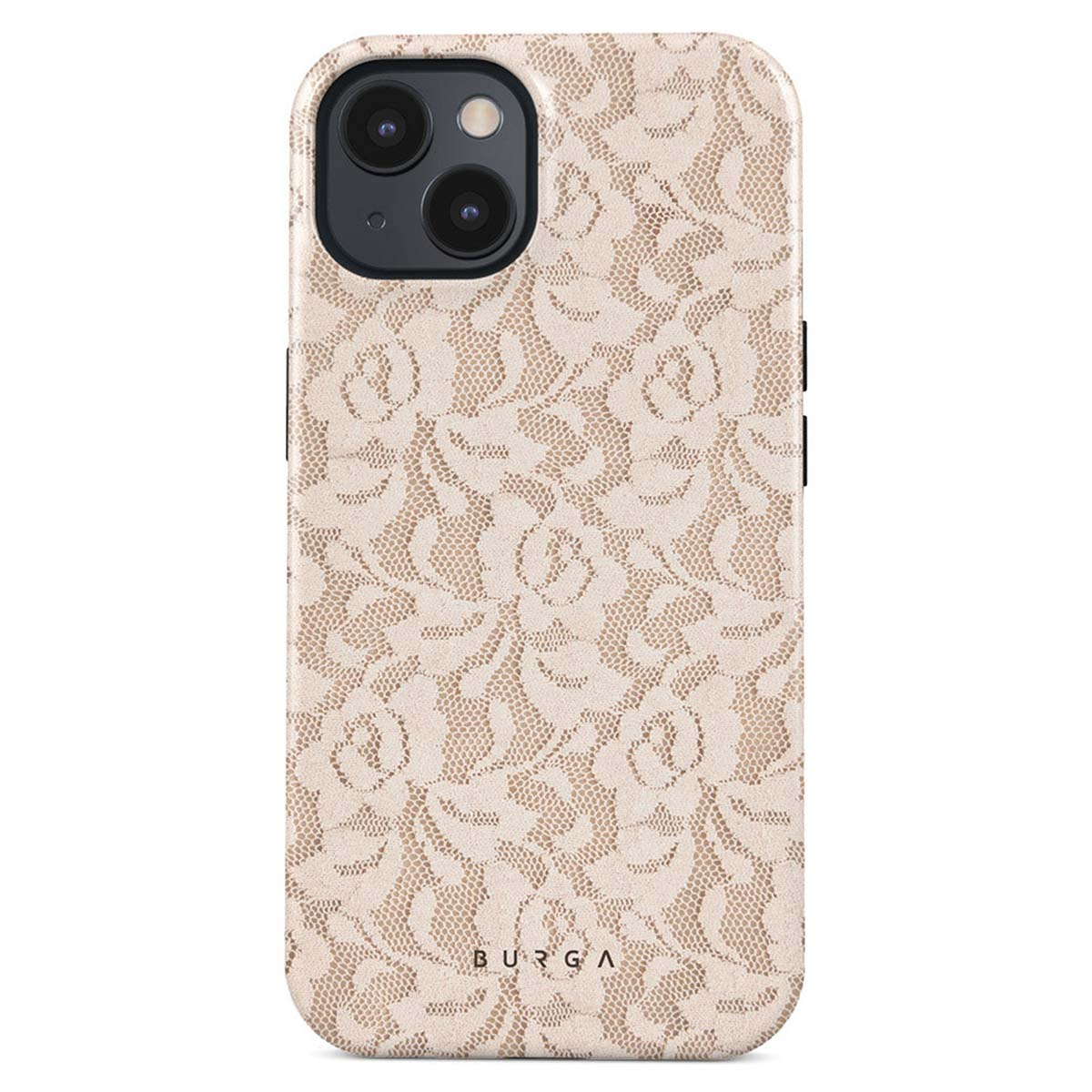 iPhone case with a beige lace pattern. The case has a camera bump and the brand 'BURGA' is visible at the bottom.
