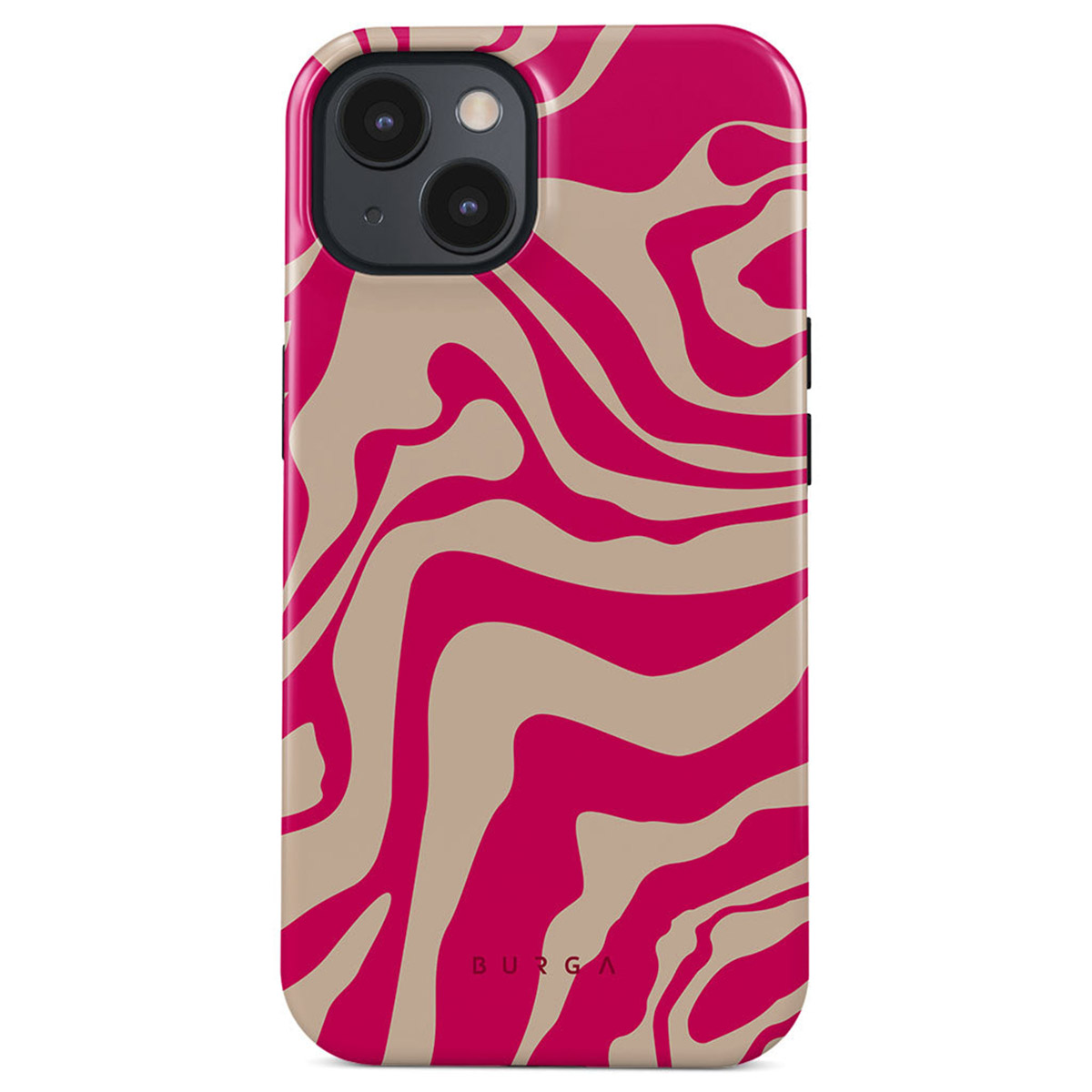 Een iPhone met een roze en beige wervelpatroon hoesje. Het hoesje heeft het merk 'BURGA' onderaan.