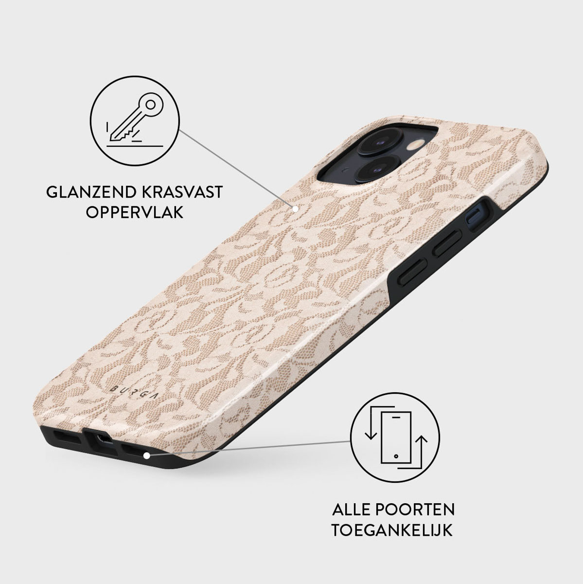 A phone case with a beige lace pattern, black edges, and a key symbol, on a light gray background. Text highlights features.