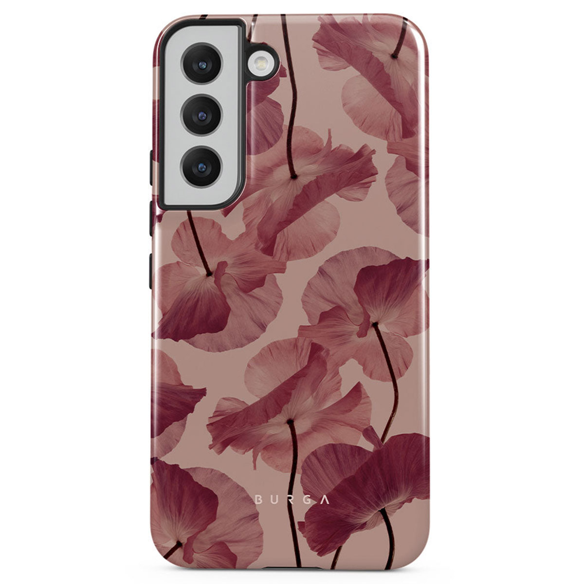 Een telefoonhoesje met een bloemenpatroon. Het ontwerp heeft doorschijnende rode bloemen op een lichtbruine achtergrond, met zwarte stelen.