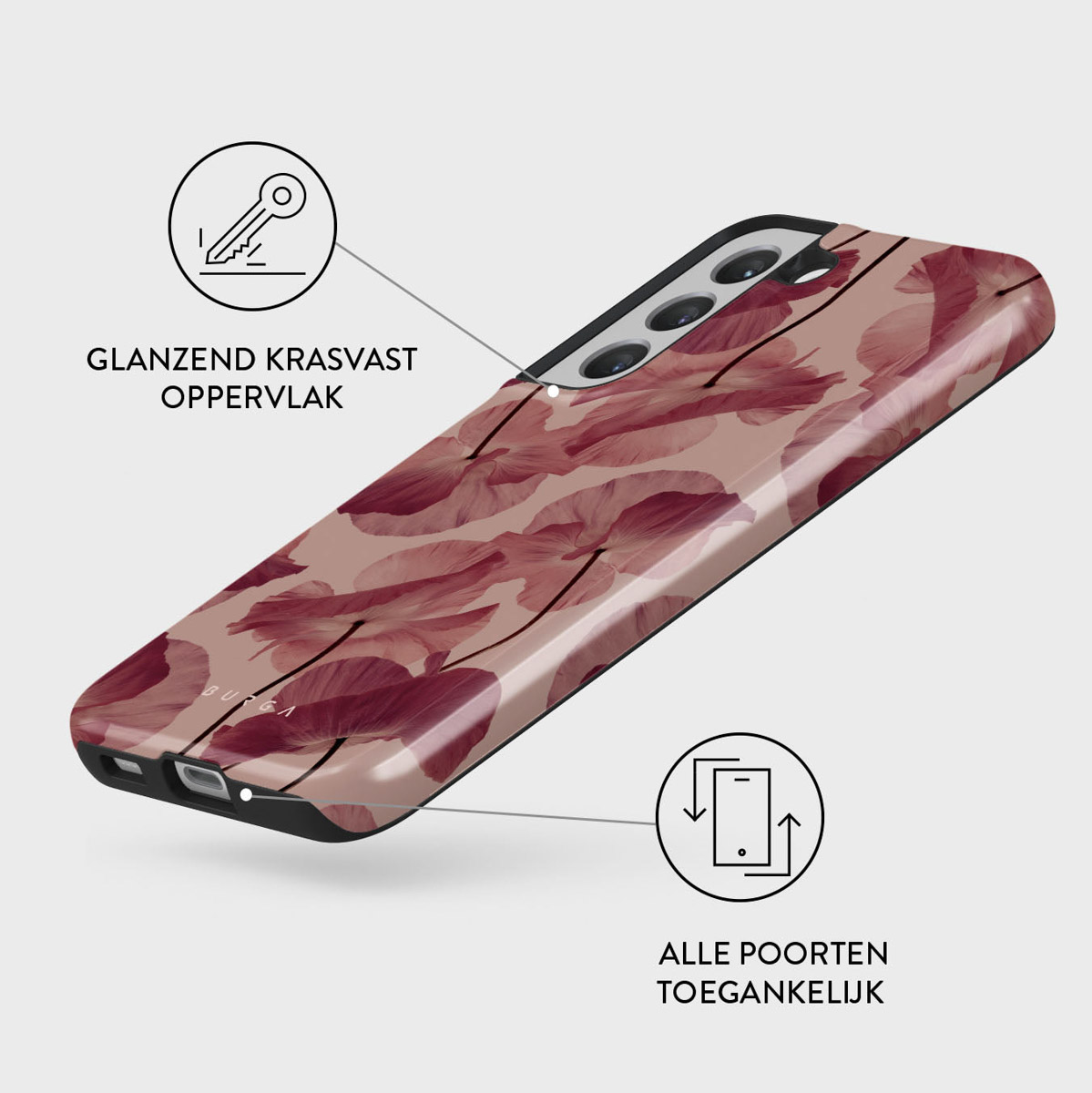 Een telefoonhoesje met een bloemenpatroon. Het heeft een glanzend oppervlak. De Nederlandse tekst geeft krasbestendigheid en toegankelijke poorten aan.