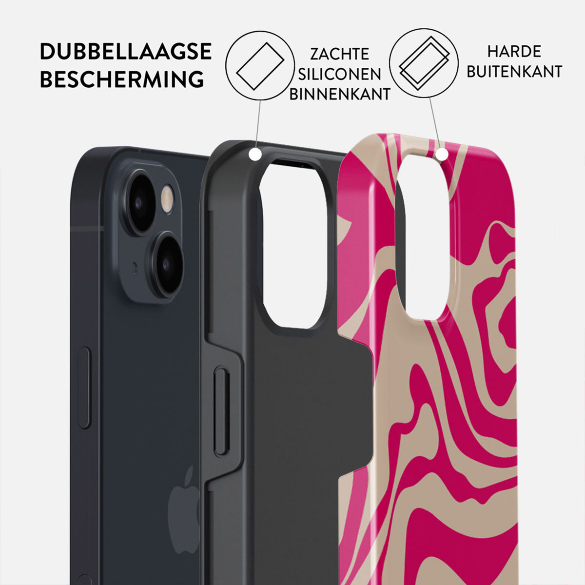 Afbeelding toont een telefoonhoesje met een gelaagd ontwerp: telefoon, zwart frame en een buitenlaag met roze en beige patronen.