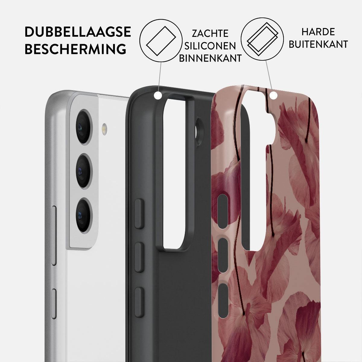 Een telefoonhoesje met meerdere lagen. De hoes wordt in secties getoond, met de nadruk op de zachte siliconen binnenkant en de harde buitenkant.