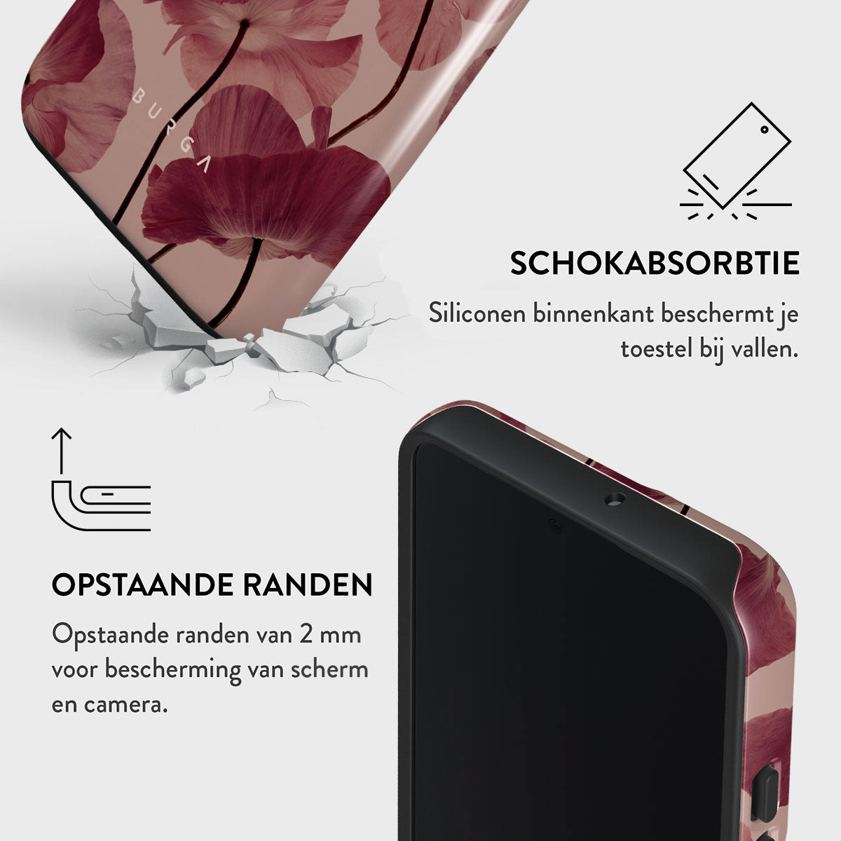 Telefoonhoesje met bloemenontwerp. Kenmerken: schokabsorptie en opstaande randen voor scherm- en camerabescherming.