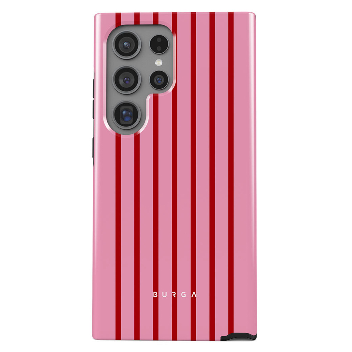Een roze telefoonhoesje met rode verticale strepen, een cameramodule en de merknaam 'BURGA' onderaan.