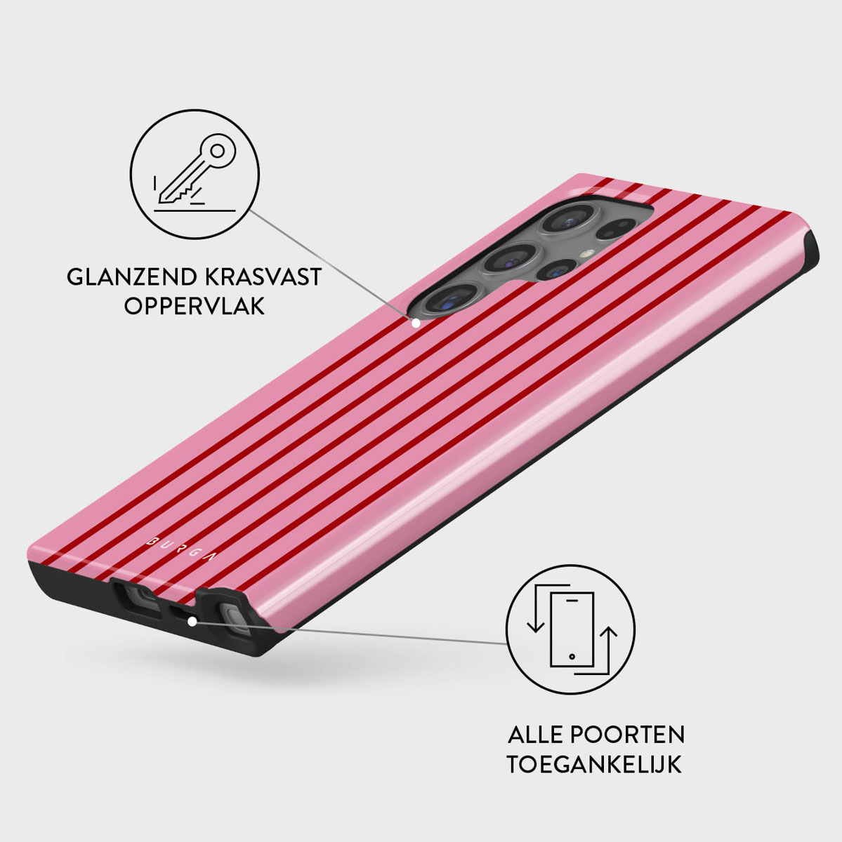 Roze telefoonhoesje met rode strepen, sleutel-icoon en tekst: 'GLANZZEND KRASVAST OPPERVLAK'. Tekst: 'ALLE POORTEN TOEGANKELIJK' en telefoon-icoon.