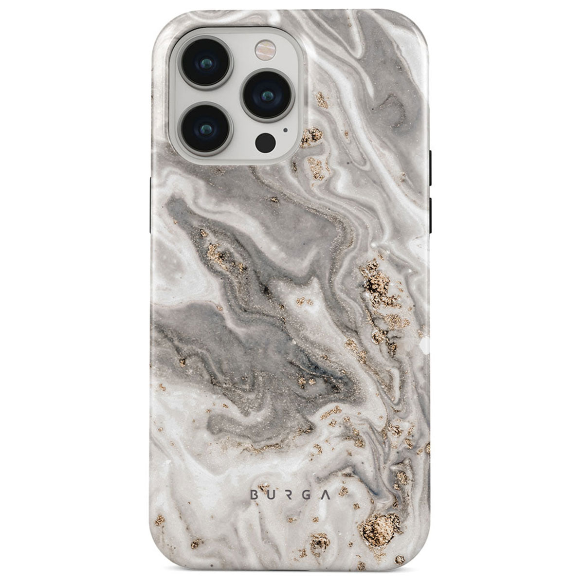 Een smartphonehoesje met een marmerdesign in grijstinten en goud. Het heeft een cameramodule met drie lenzen en een flitser.