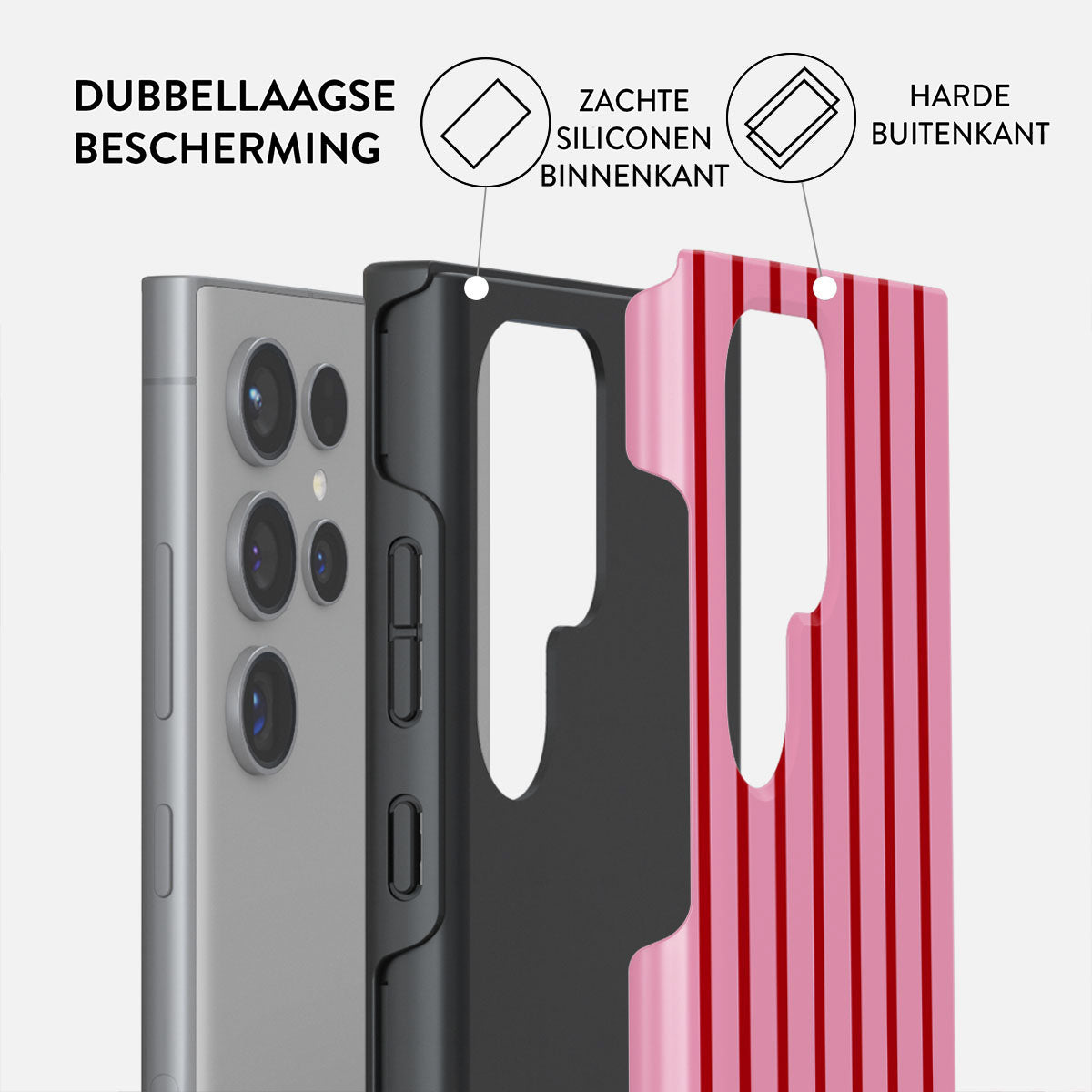 Telefoonhoes met beschermlagen. De binnenste laag is zwart, de middelste roze en de telefoon zelf zilver.