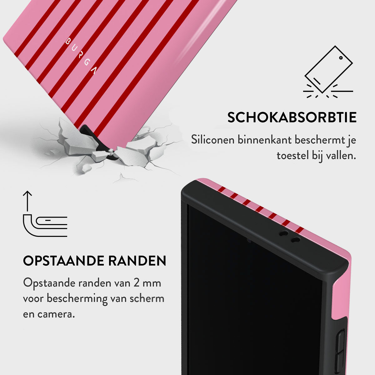 Roze telefoonhoesje met rode strepen, zwarte telefoon en tekst. Schokabsorptie en verhoogde randen voor scherm- en camerabescherming.