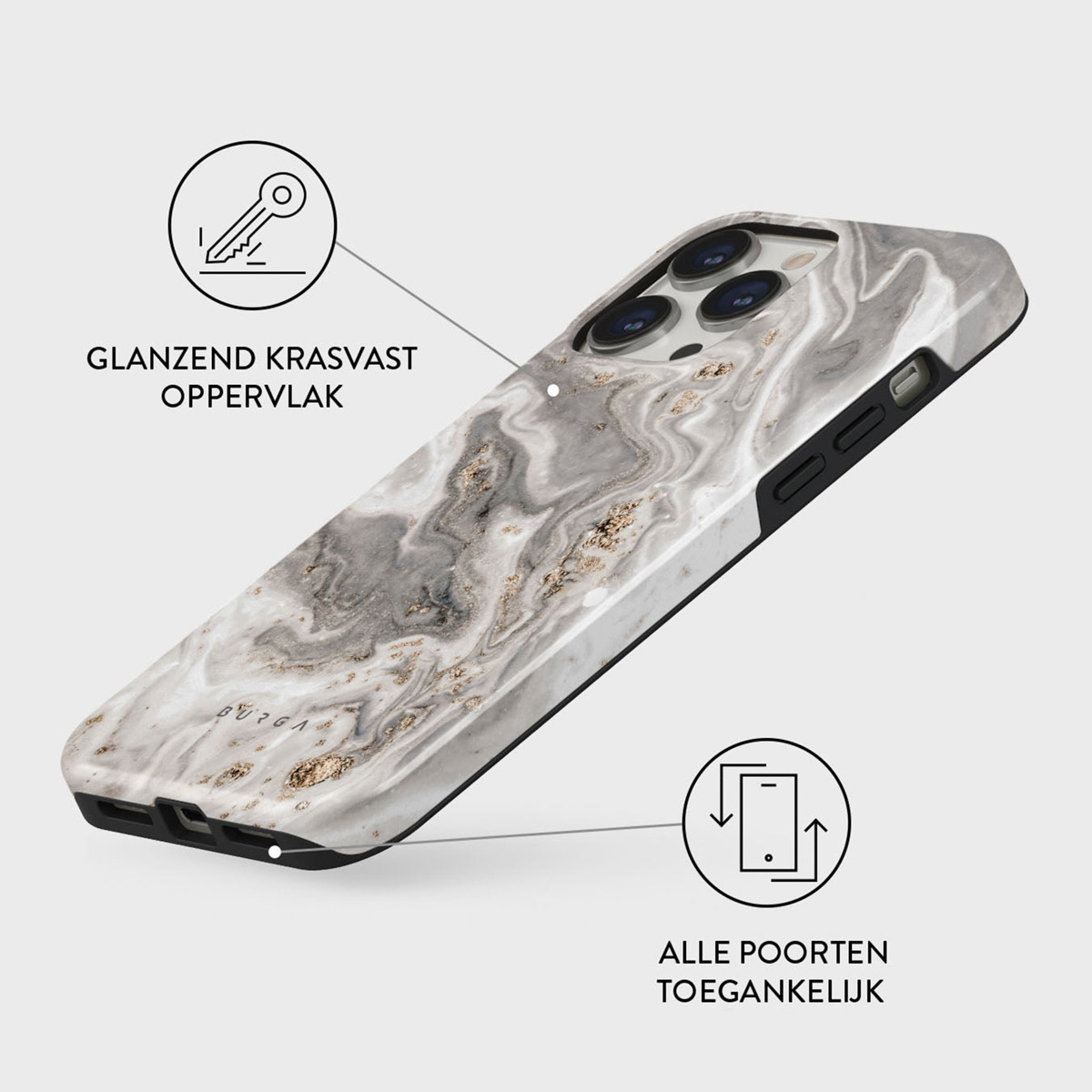 Een telefoonhoesje met een marmer design. Het heeft een glanzend, krasbestendig oppervlak. De hoes is wit, grijs en goud.