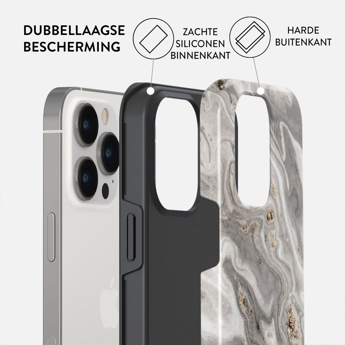 Afbeelding toont een telefoonhoesje met drie lagen. Tekst geeft "dubbellaagse bescherming" aan, met zachte siliconen binnenkant en harde buitenkant.