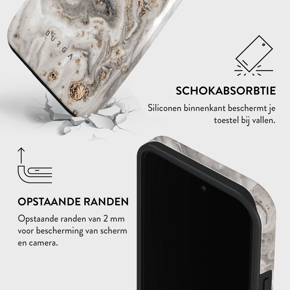 Telefoonhoesje met marmerontwerp, gebroken glaseffect. Details over verhoogde randen en schokabsorptie worden benadrukt.