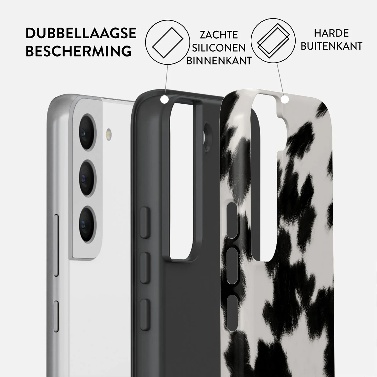 Diagram van een telefoonhoesje met een zachte siliconen binnenlaag en een harde buitenlaag. De hoes is wit met zwarte vlekken.