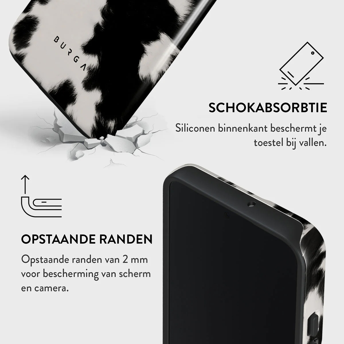 Telefoonhoesje met zwart-wit koeienpatroon, gebarsten oppervlaktegrafiek en tekstbeschrijvingen van functies.