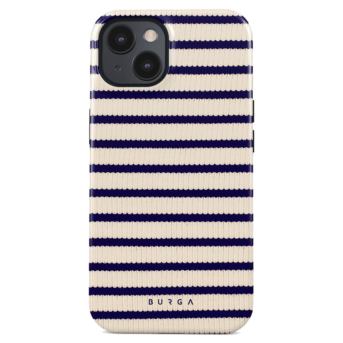 Een telefoonhoesje met crème achtergrond en marineblauwe horizontale strepen. De hoes heeft een camera en de merknaam BURGA.
