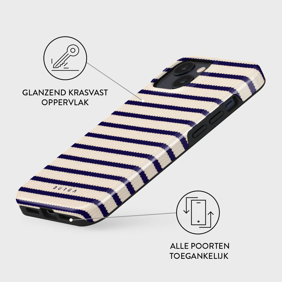 Een telefoonhoesje met blauwe en witte strepen. Glanzend, krasbestendig oppervlak. Alle poorten toegankelijk. Sleutelsymbool en grafiek.