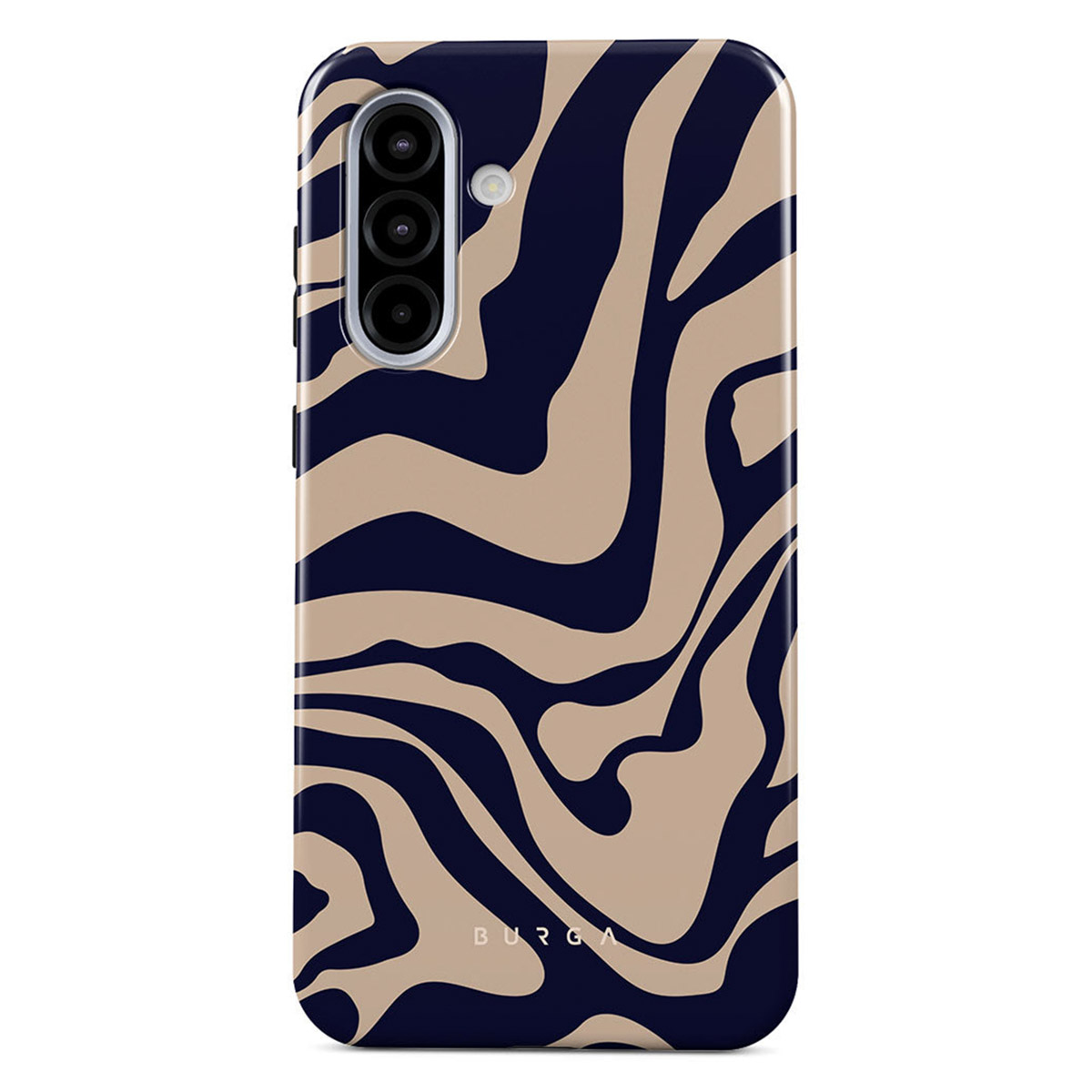 Een telefoonhoesje met een marineblauw en beige golvenpatroon. Het heeft een cameramodule aan de achterkant en het merk 'BURGA' onderaan.