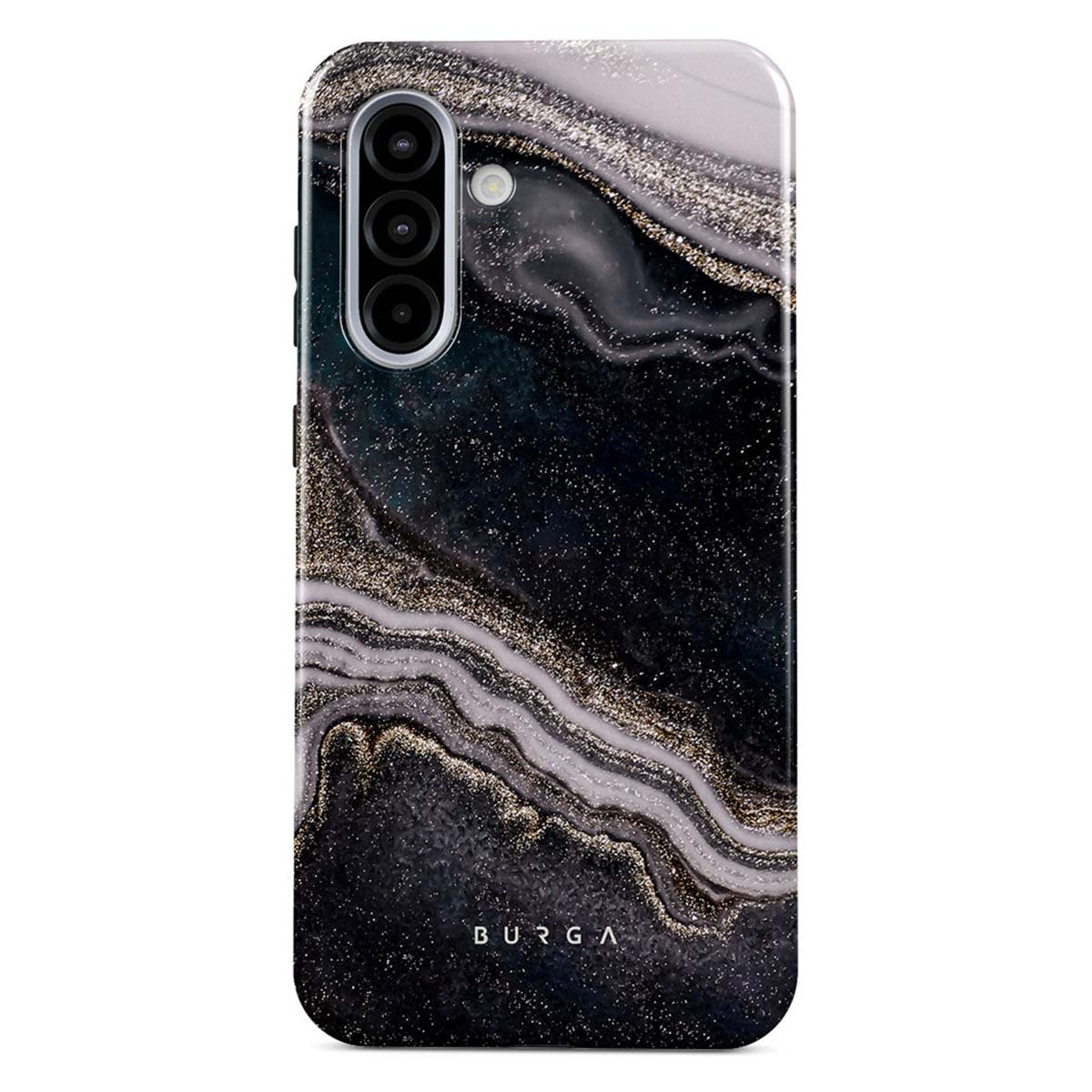 Een telefoonhoesje met een marmerontwerp. Het heeft zwarte, witte en goudkleurige glitterpatronen. De merknaam BURGA staat onderaan.