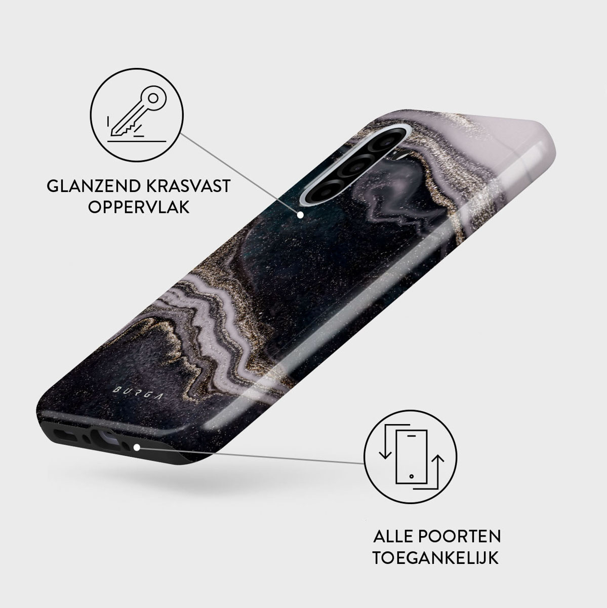 Een telefoonhoesje met een marmerontwerp in zwart, wit en goud. Teksten duiden op een glanzend, krasbestendig oppervlak en toegankelijke poorten.