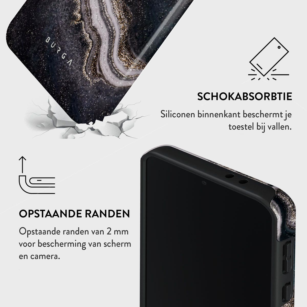 Een telefoonhoesje met een zwart en goud marmerontwerp, de hoes valt. Tekst benadrukt schokabsorptie en schermbescherming.