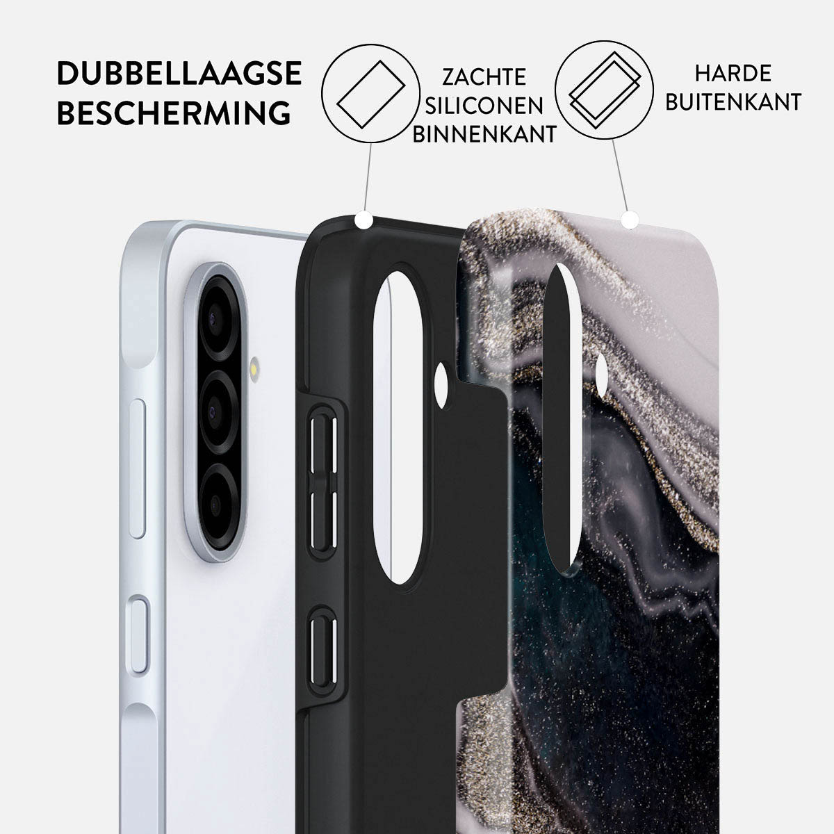 Telefoonhoesje met drie lagen: witte telefoon, zwarte siliconenlaag en een harde buitenlaag met patroon. Tekst labelt de lagen.