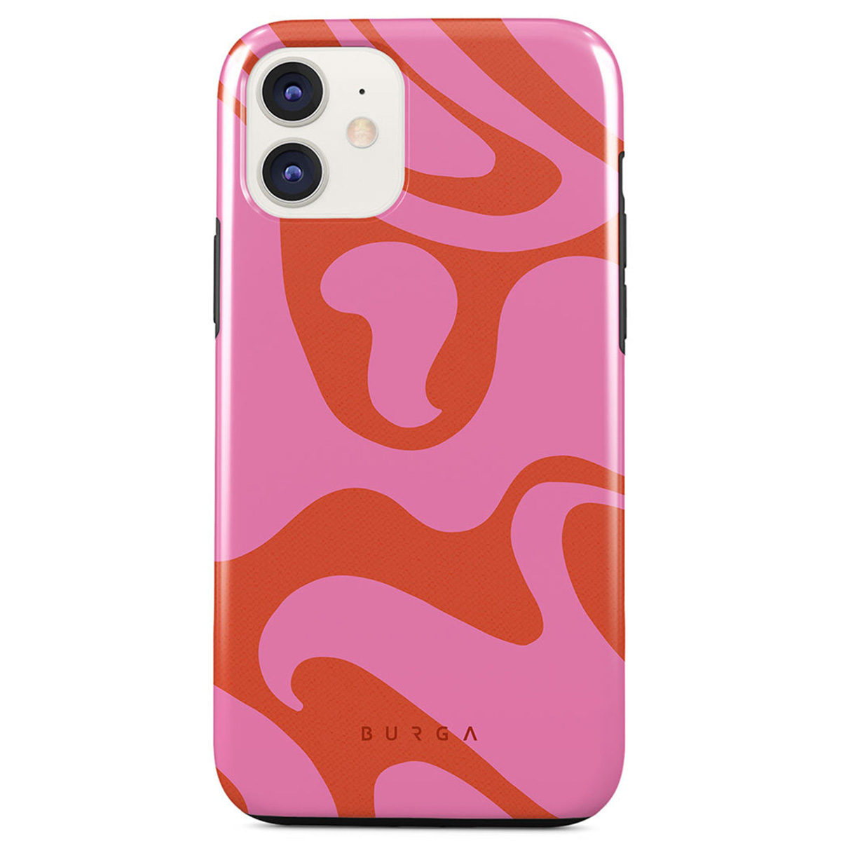 A pink iPhone case with an orange wavy pattern. The case has a dual-camera setup and the word BURGA is at the bottom.