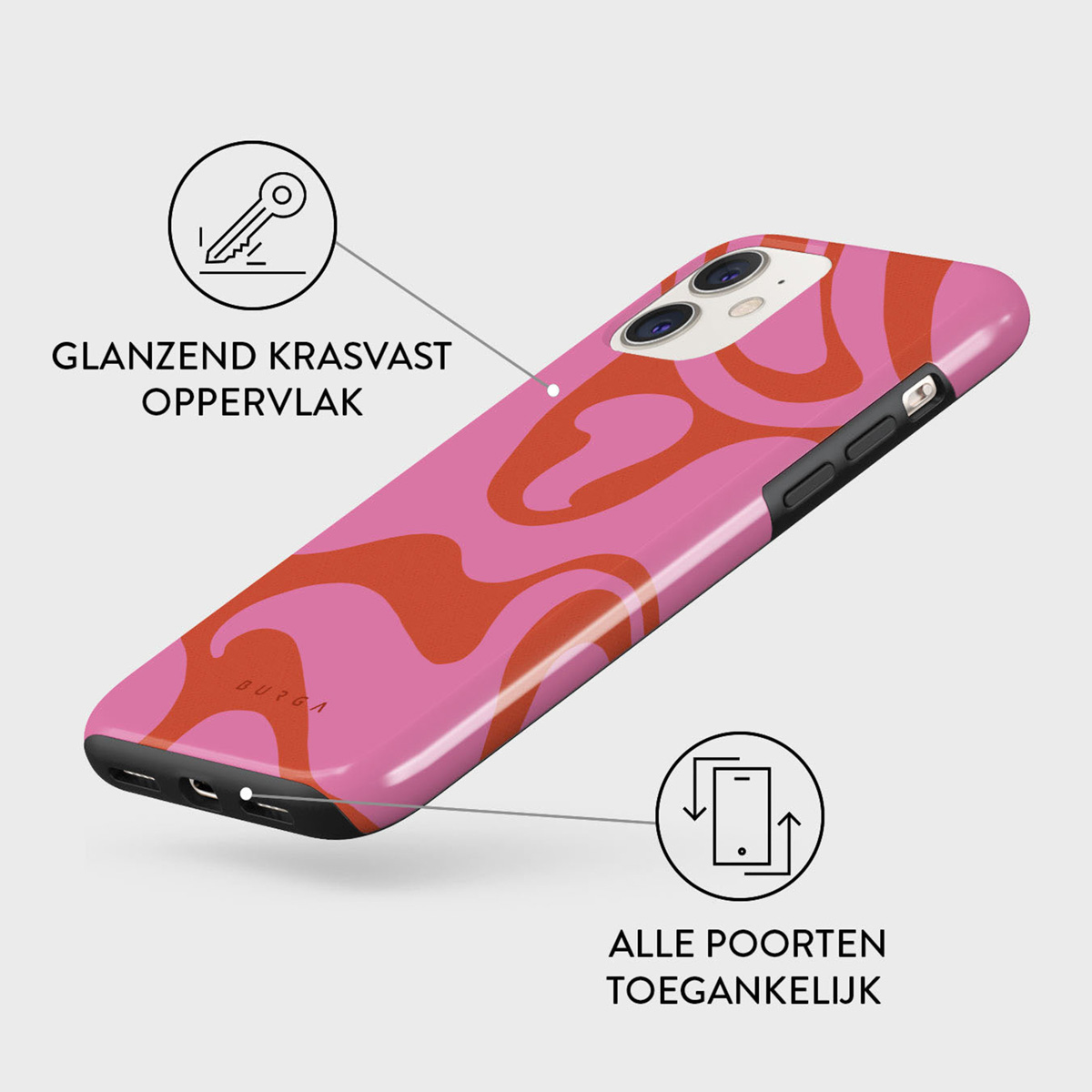 A pink phone case with orange wavy patterns. The case has black edges and the brand name. Text in Dutch highlights features.