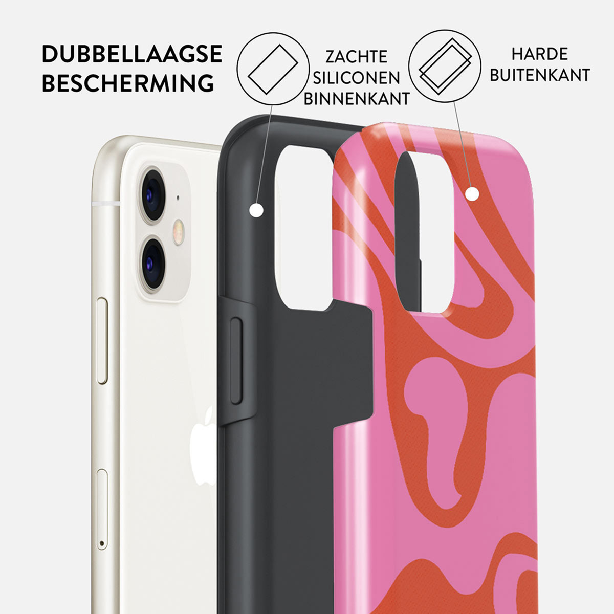 A phone case with a pink and orange wave pattern. The case is made of a soft inner layer and a hard outer layer.