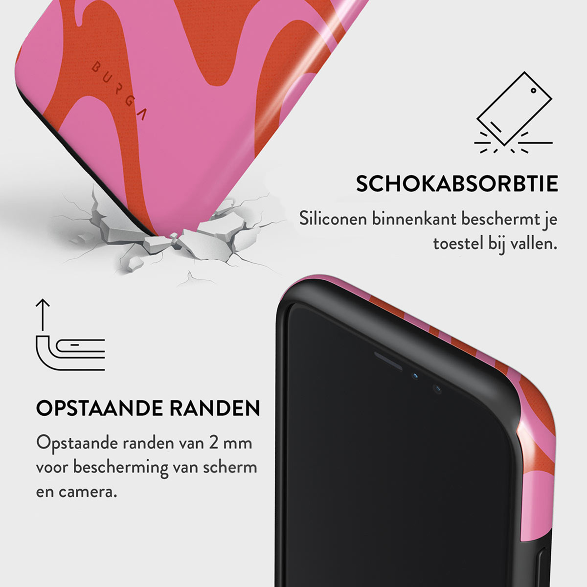 A phone case with pink and orange swirls. It's on a phone, with text about shock absorption and raised edges for screen protection.