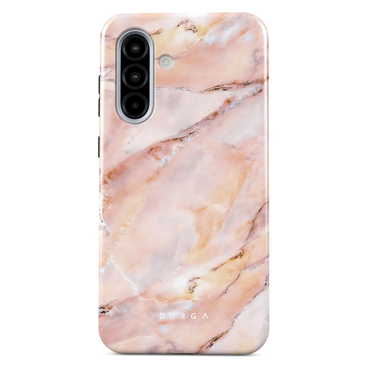 Telefoonhoesje met een roze en gouden marmerpatroon. Heeft cameragaten en de merknaam BURGA. De hoes is voor een telefoon.
