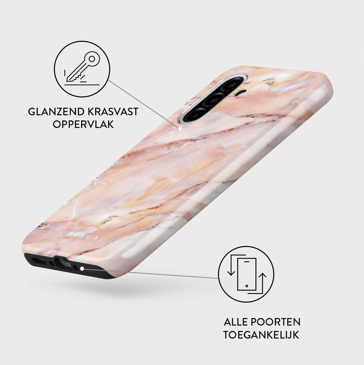 Een telefoonhoesje met een marmer design. Het is wit, roze en goud. De tekst luidt 'glanzend krasvast oppervlak' en 'alle poorten toegankelijk'.