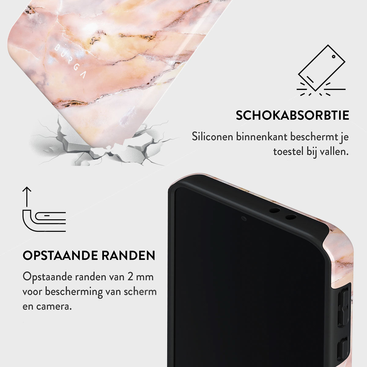 Een telefoonhoesje met marmerdesign wordt getoond, naast illustraties die schokabsorptie en verhoogde randen benadrukken.