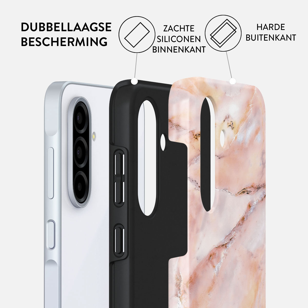 Een telefoonhoesje met beschermlagen: een witte telefoon, een zwarte binnenlaag en een buitenlaag met marmerpatroon, met tekstlabels.