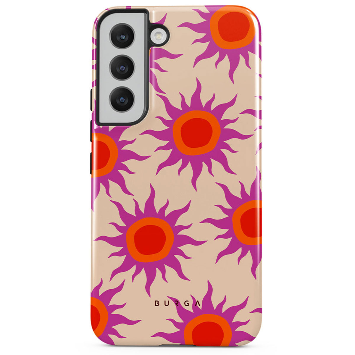 Telefoonhoesje met een beige achtergrond en een patroon van paarse zonnen met oranje centra. De merknaam 'BURGA' staat onderaan.