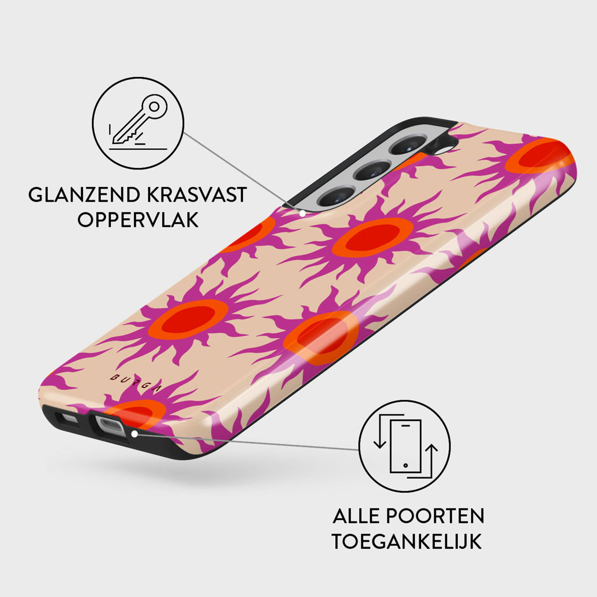 Een telefoonhoesje met een zonnepatroon in roze, oranje en beige, met tekst 'Glanzend Krasvast Oppervlak' en 'Alle poorten toegankelijk'.