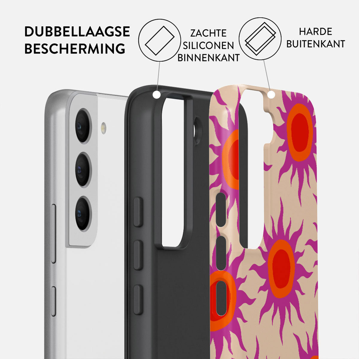 Telefoonhoeslagen: telefoon, zwarte binnenkant en patroon aan de buitenkant. De buitenste laag heeft een beige achtergrond met een paars en oranje bloemenpatroon.
