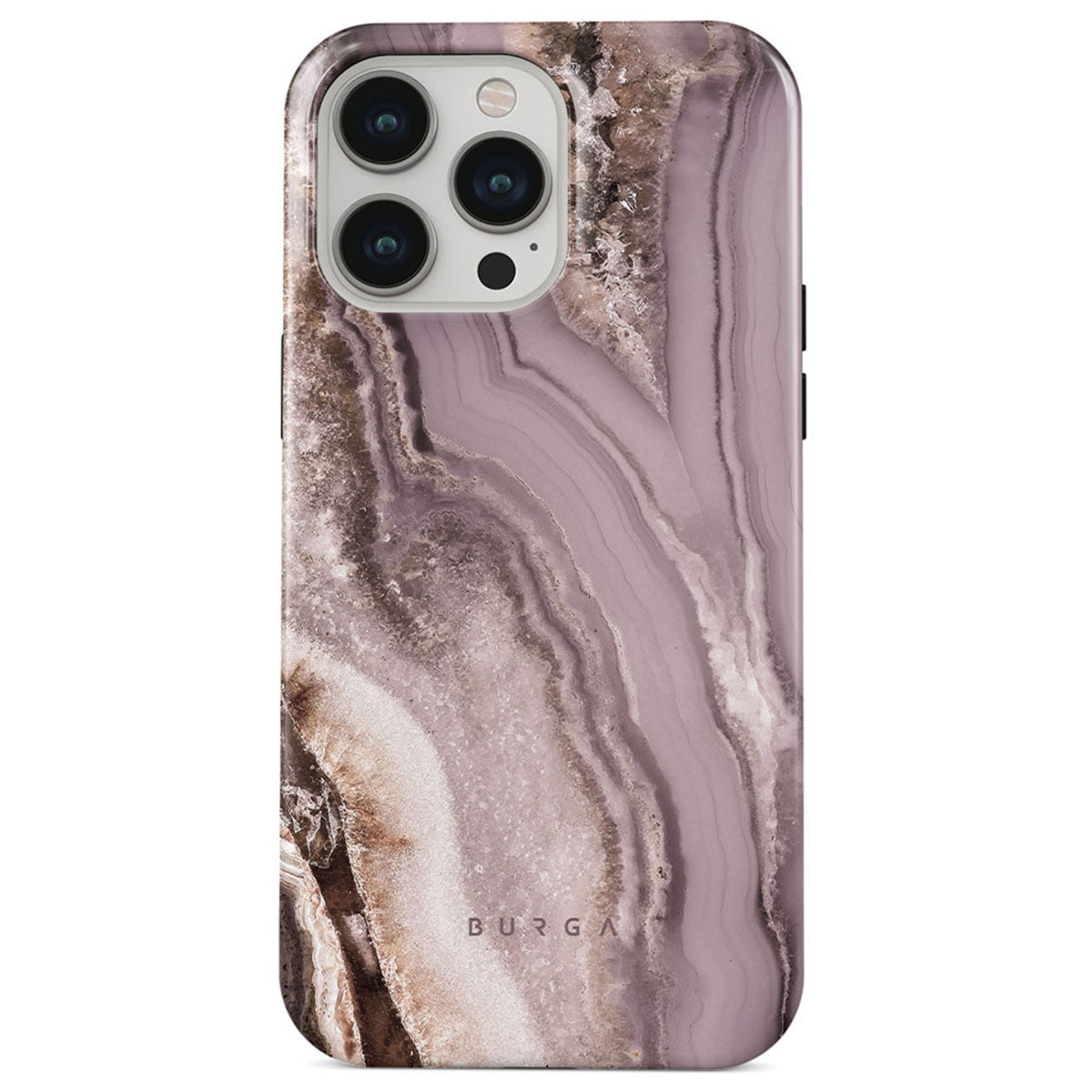 Une coque de téléphone avec un motif marbre violet et marron. Elle présente des découpes pour l'appareil photo et le mot BURGA.