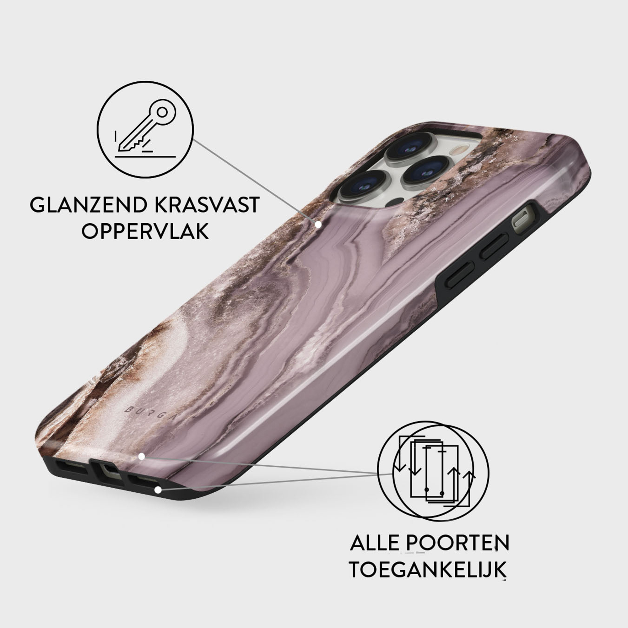 Coque de téléphone avec un motif marbré dans des tons rose clair et marron. La coque a des bords noirs et est sur fond blanc.