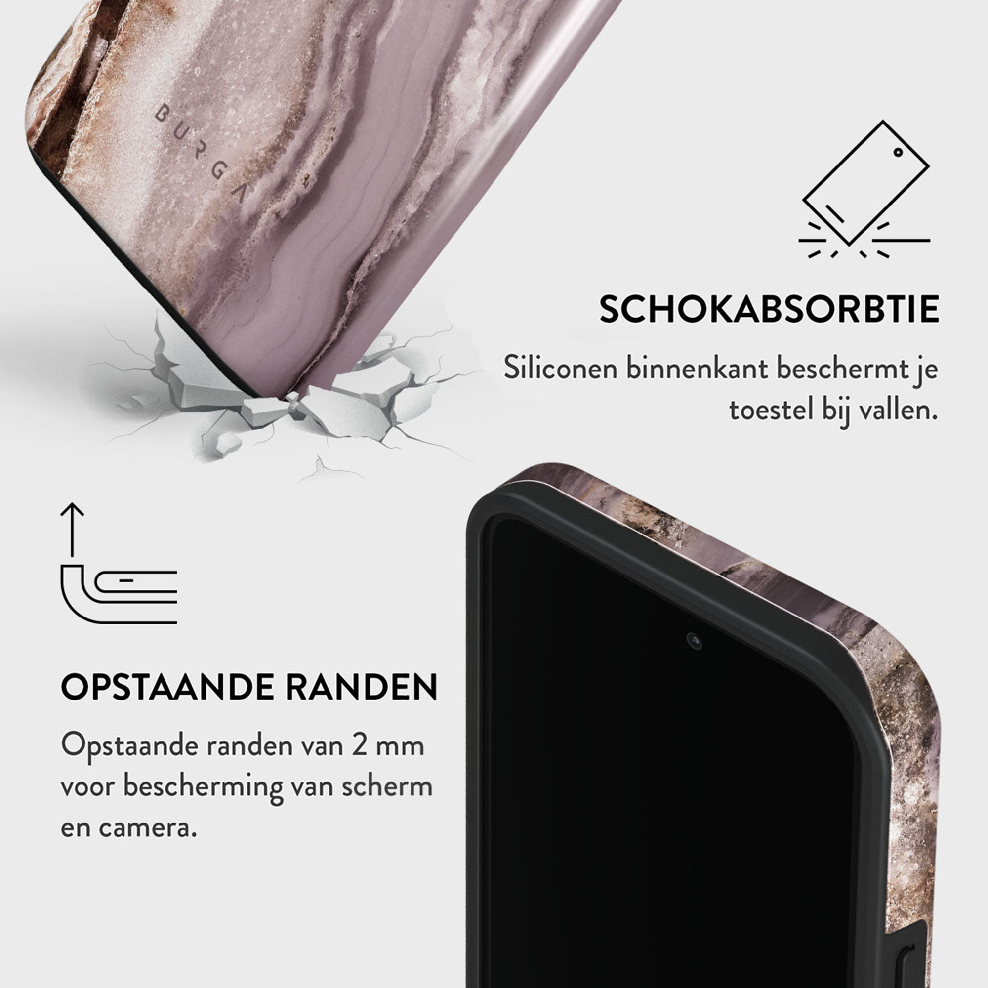 Une coque de téléphone avec un motif marbré, texte sur l'absorption des chocs et bords surélevés pour la protection de l'écran et de la caméra.