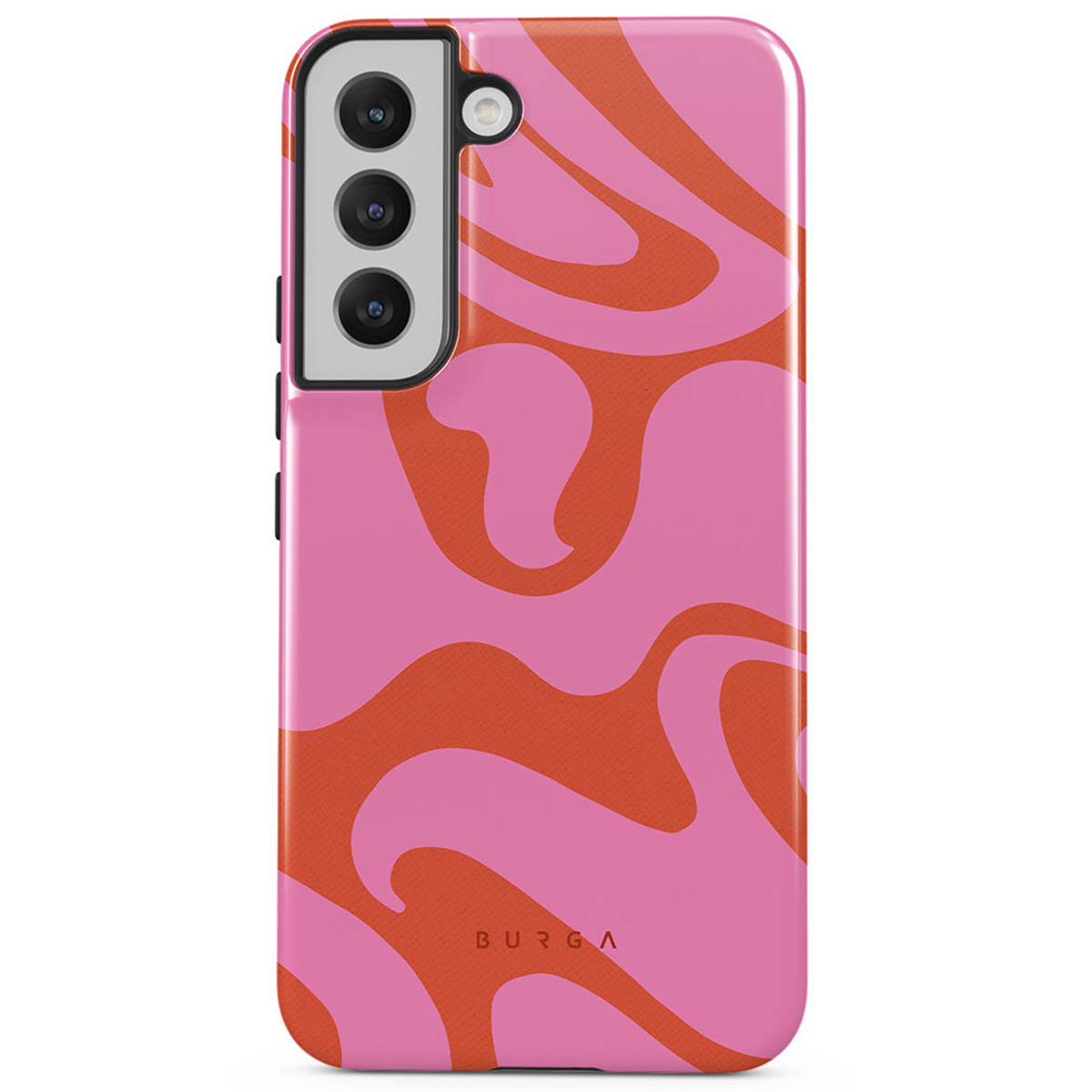 Een telefoonhoesje met een roze en oranje wervelontwerp. De telefoonhoes heeft een cameramodule en het merk BURGA is zichtbaar.