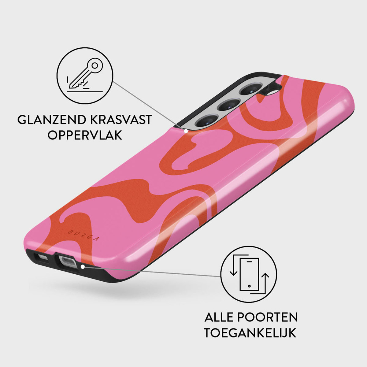 Een roze telefoonhoesje met oranje golfpatronen. Het heeft tekst en pictogrammen die krasbestendigheid en poorttoegankelijkheid aangeven.