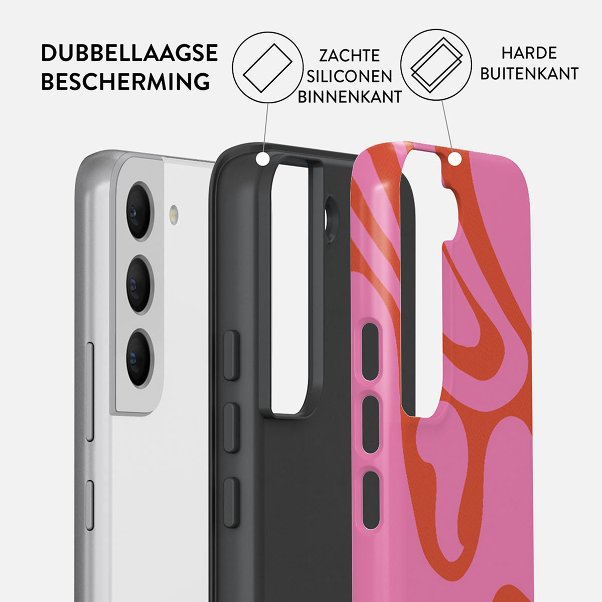 Telefoonhoesonderdelen: zilveren telefoon, zwarte binnenlaag en roze buitenlaag met oranje wervelontwerp. Tekst geeft lagen en bescherming aan.