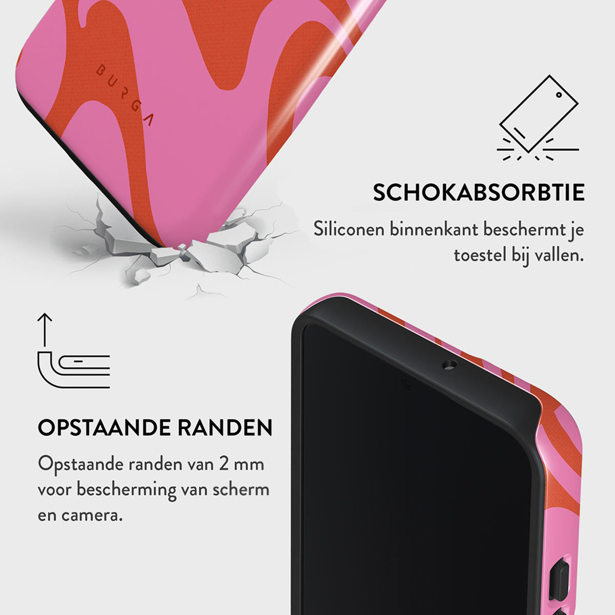 Een telefoonhoesje met roze en oranje werveldesign. Tekst beschrijft schokabsorptie en verhoogde randen voor scherm- en camerabescherming.