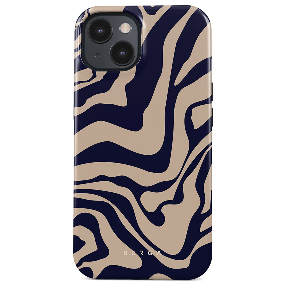 Une coque d'iPhone avec un motif tourbillon bleu marine et beige. La coque a une découpe pour l'appareil photo et le logo 'BURGA' en bas.