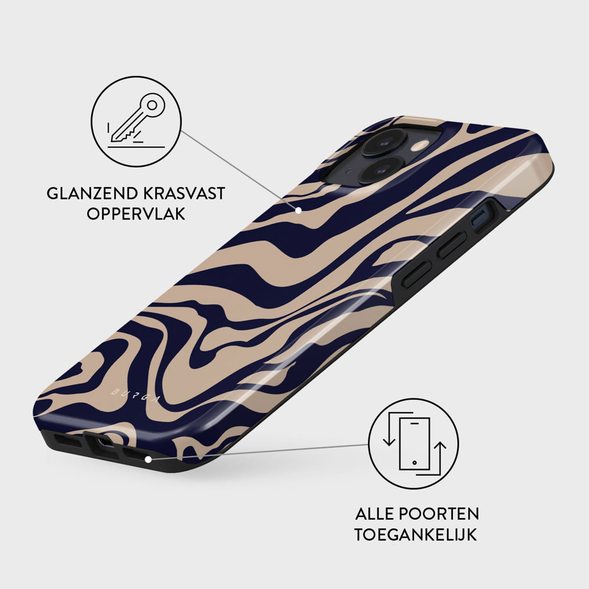 Coque de téléphone avec un motif tourbillonnant bleu marine et beige. Les textes disent 'surface brillante résistante aux rayures' et 'tous les ports accessibles'.