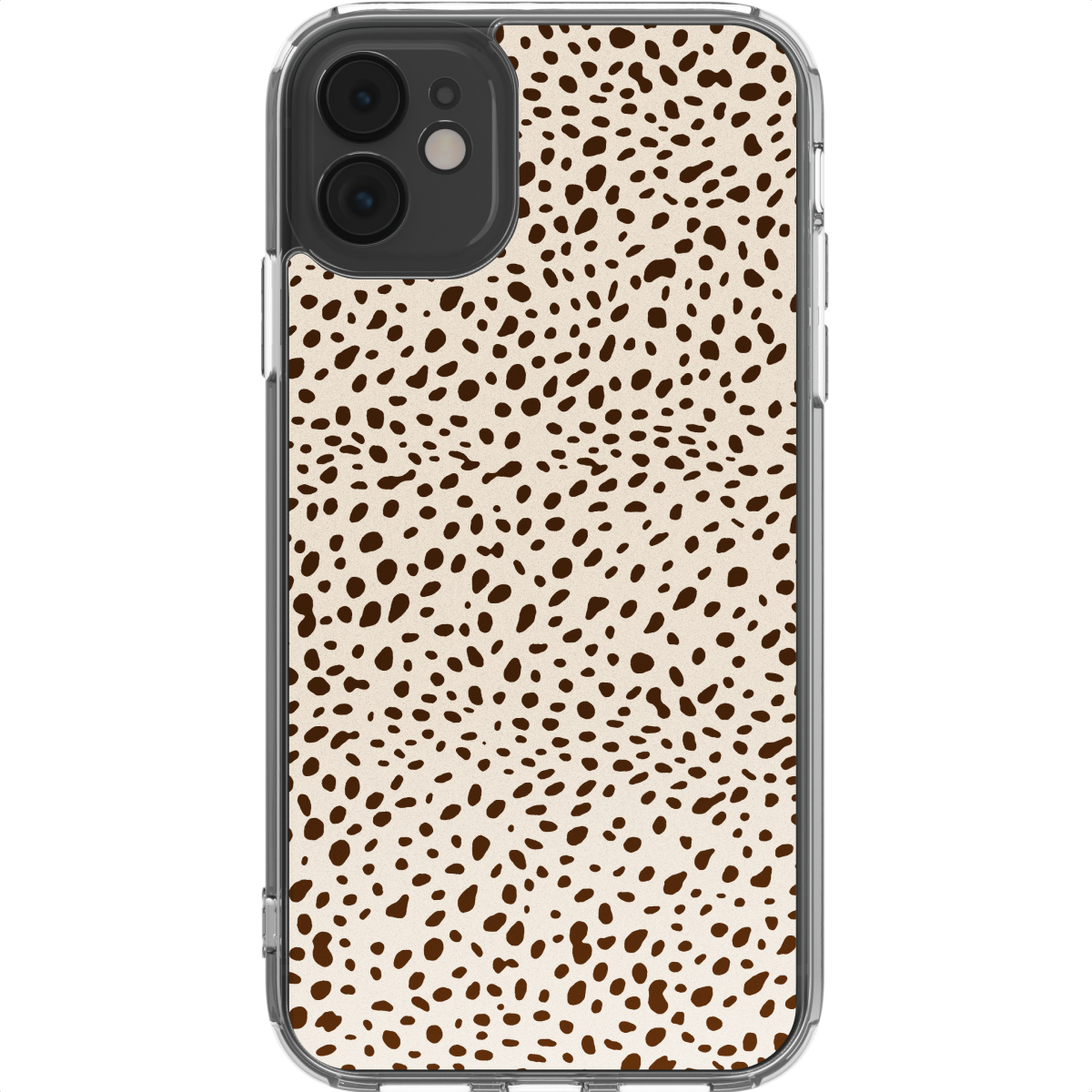 Une coque d'iPhone avec un fond beige et des taches marron, enfermée dans un cadre en plastique transparent. L'appareil photo est visible en haut.