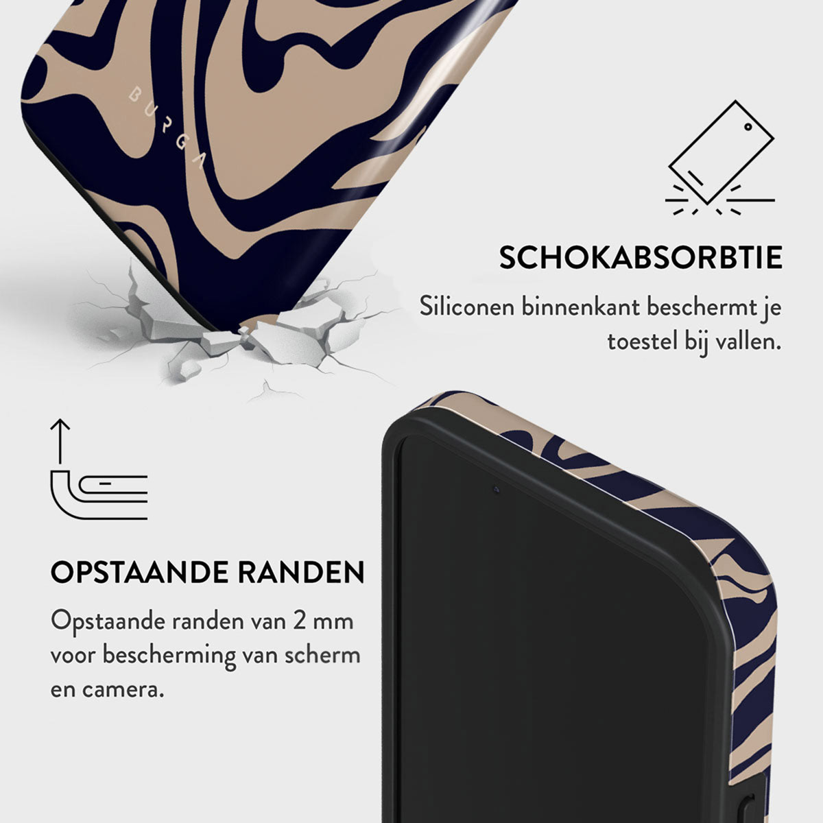 Une coque de téléphone avec un motif tourbillon bleu marine et beige est montrée, avec du texte indiquant l'absorption des chocs et des bords surélevés.
