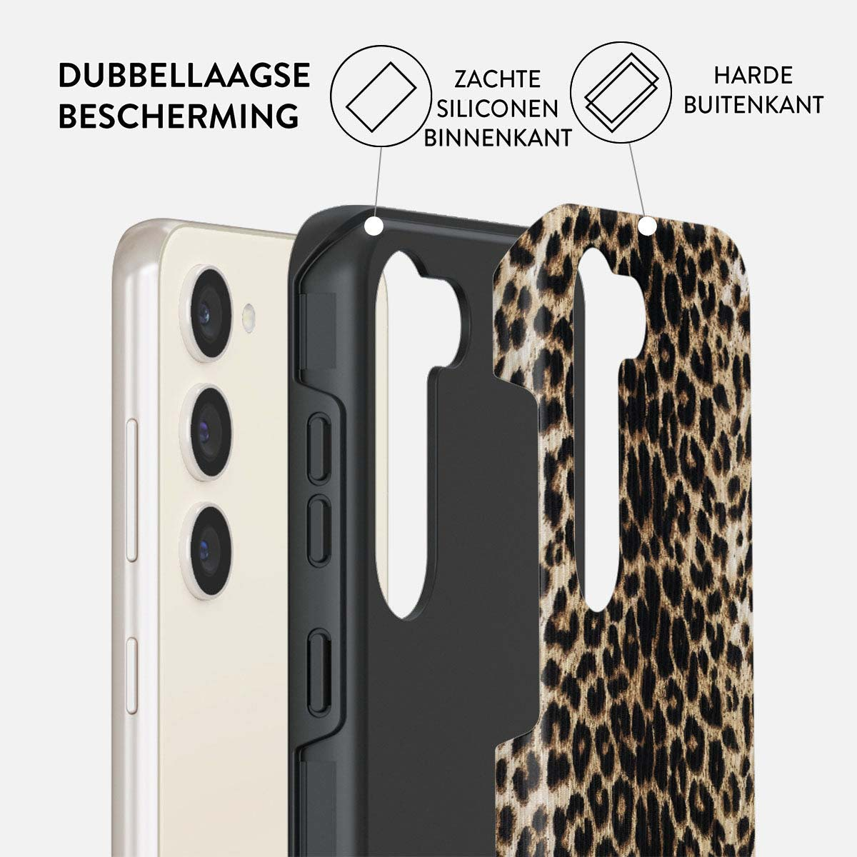 Une coque de téléphone avec un motif léopard, présentant sa construction en couches. La coque comprend une couche intérieure en silicone souple et une couche extérieure dure.