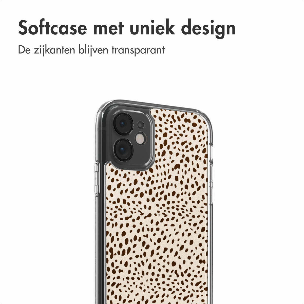 Un smartphone avec une coque transparente. La coque a un fond beige avec des taches marron. Le fond est blanc.